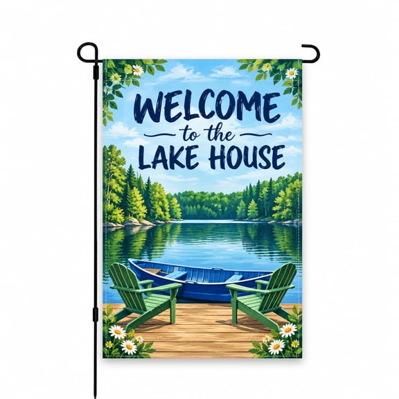 Welcome to the Lake House Garden Flag, 12 x 18 inch, Blue and Green Lake Scene with Canoe, Adirondack Chairs, Forest Trees and Welcome Design for Yard, Lawn, Patio, Porch Outdoor Decor