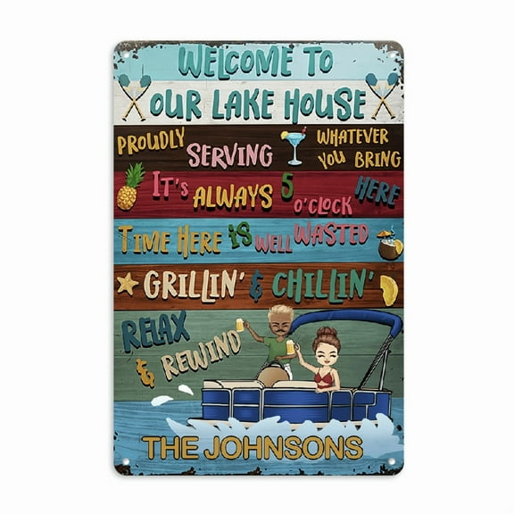 Welcome to Our Lake House Metal Wall Sign – Rustic Vintage Decor with Colorful Phrases & Playful Illustrations, Perfect for Home, Kitchen, Bar, Garden, or Garage