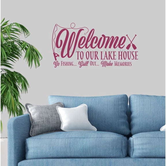 Welcome To Lake House Wall Art Decor Go Fishing Grill Out Make Memories Quote Decals for Wall - Matte Vinyl Wall Decal Sayings - Vinyl Wall Art - Entryway Decor for Wall, 23x12-Inch, Berry