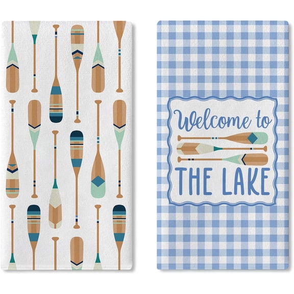 Welcome to The Lake Life Kitchen Dish Towels Set of 2, Paddle Drying Hand Towel Baking Cooking Cloth Lake House Gift, Lakeside Blue Plaid Farmhouse Deck Bathroom Home Decoration 18'' x 26''