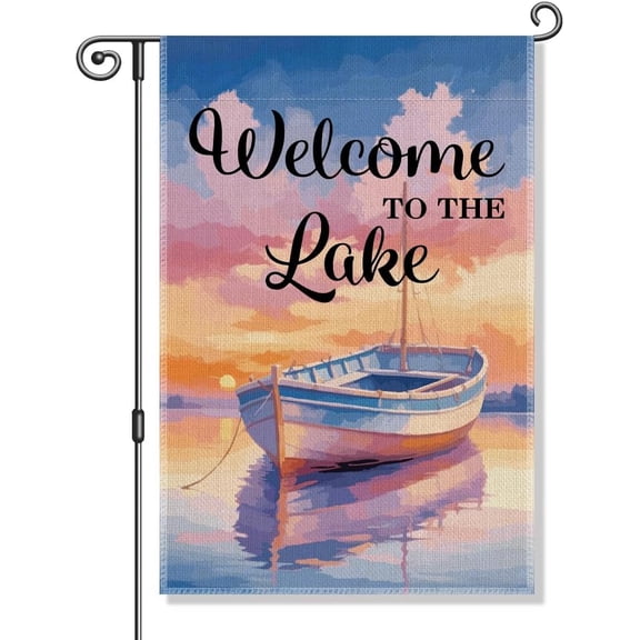 Welcome To The Lake Sunset Garden Flag, Holiday Farmhouse Lakehouse Lakeside Boat Canoe Living Cottage Yard Porch Lawn Outdoor Decor, Fishing Lake House Flags, Lake Lover Gifts