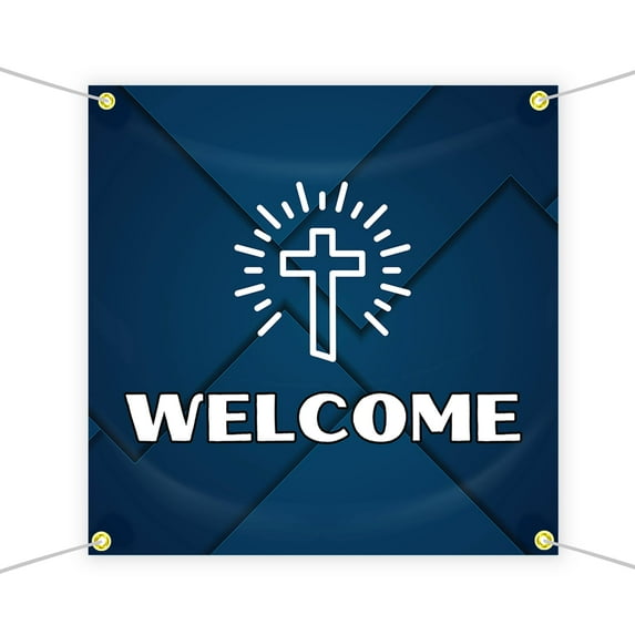 Welcome Large Banners and Signs for Outdoor by DreamController-Polyester Banner with 4 Holes for Easy Hang Indoor & Outdoor|4x4 Feet HD Banner to Promote Church| Made in USA