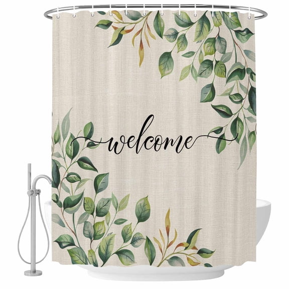 Welcome Leaf Bathroom Shower Curtains with Hooks, Spring Summer Floral Countryside Linen Waterproof Fabric Washable Shower Curtain for Home Hotel Bathtub Decor 72x72 Inch
