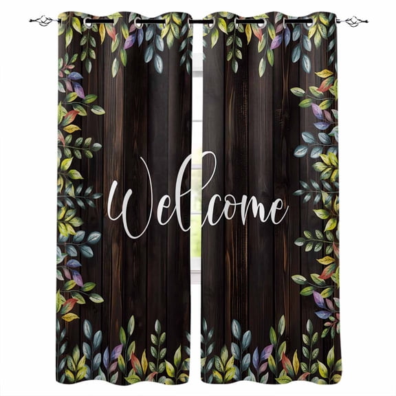 Welcome Leaf Blackout Curtains 54 Inches Long for Bedroom, Pastoral Summer Botanical Wooden Brown Thermal Insulated Room Darkening Black Out Window Curtain Panels Grommet Drapes for Living Room