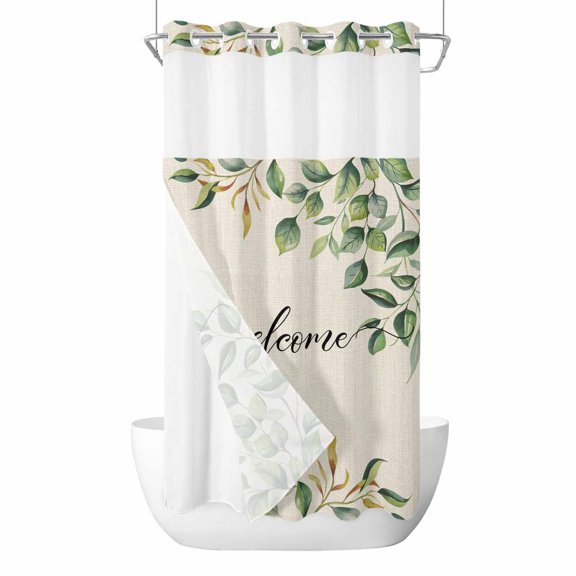 Welcome Leaf No Hooks Shower Curtain with Snap-in Liner Spring Summer Floral Countryside Linen Shower Curtains for Bathroom, Waterproof, Easy Install, Washable 36"x72"