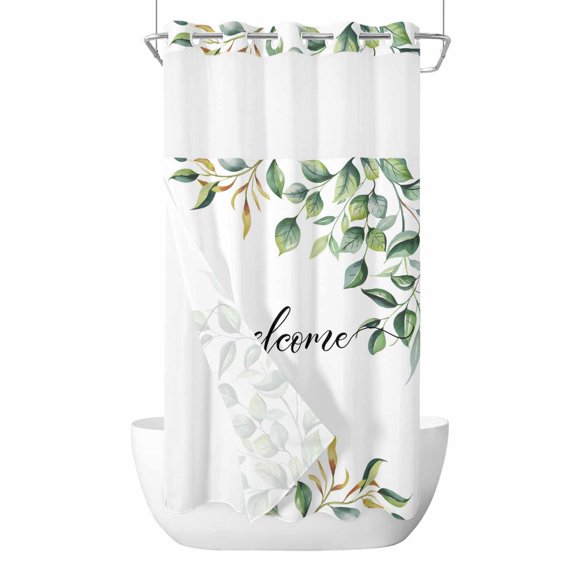 Welcome Leaf No Hooks Shower Curtain with Snap-in Liner Spring Summer Floral Countryside Shower Curtains for Bathroom, Waterproof, Easy Install, Washable 36"x78"