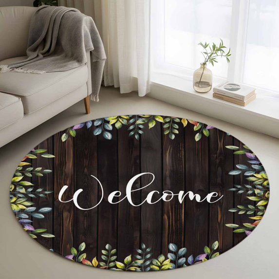 Welcome Leaf Round Area Rug 4 FT, Non Slip Indoor Outdoor Rug, Pastoral Summer Botanical Wooden Brown Washable Soft Circular Carpet Non-Shedding Floor Mat for Coffee Table Nursery Foyer Balcony