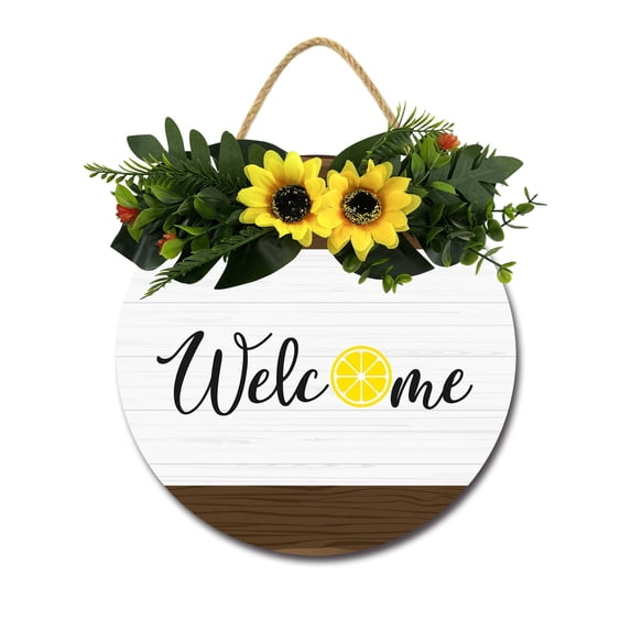 Welcome Lemon Door Sign Home Decor Round Wood Wreaths Wall Hanging Sign Farmhouse Porch Sign Front Door Decoration for Housewarming Gift All Seasons Holiday,12In