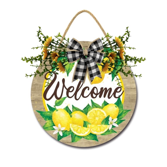 Welcome Lemon Door Sign Home Decor Round Wood Wreaths Wall Hanging Sign Farmhouse Porch Sign Front Door Decoration for Housewarming Gift All Seasons Holiday,11In