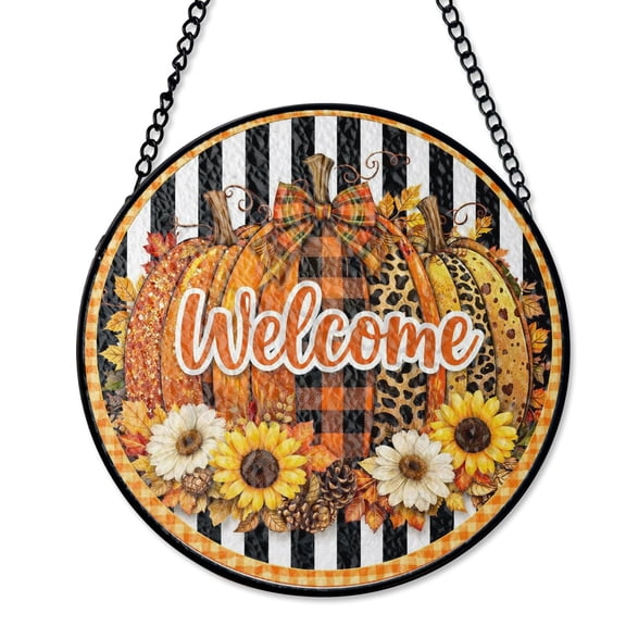 Welcome Leopard Pumpkin Fall Stained Glass Suncatcher UV Printed Glass Autumn Harvest Decor Round