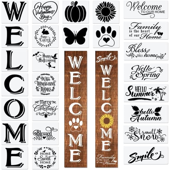 Welcome Letter Stencils for Painting on Wood Canvas and More - Reusable Large Alphabet Calligraphy Font for Home and Front Door, Porch or Outside Decoration Fabric Chalkboard Plastic