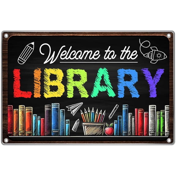 Welcome To The Library Sign 12 x 8 Inch Metal Wall Decor Chalkboard Style Colorful Book Lover Reading Corner Classroom Teacher Student School Decoration Art Home Outdoor