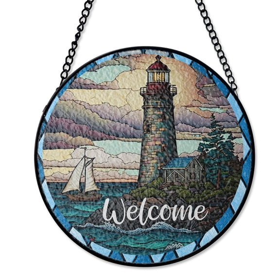 Welcome Lighthouse Nautical Stained Glass Style Suncatcher, UV Printed Glass, Ocean Sea Beach House Decor, Round