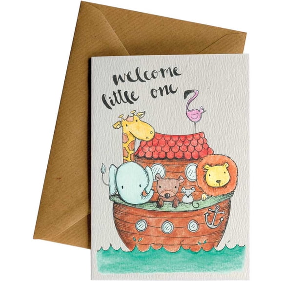 Welcome Little One Card – Adorable Animal Design with Giraffe, Elephant, Lion, and More – Perfect for Newborn Baby Greetings – Includes Envelope