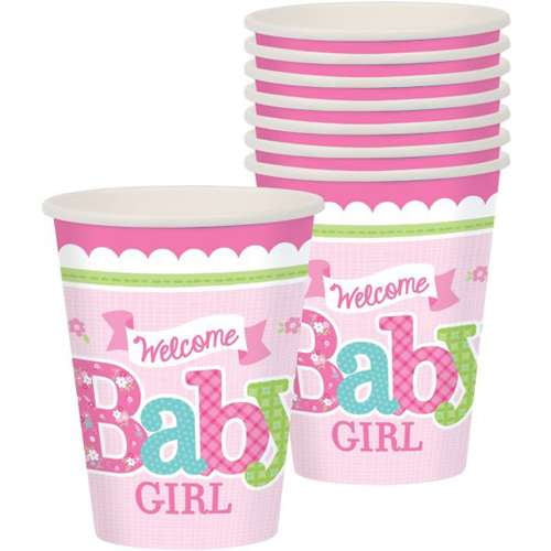 Welcome Little One Girl 9oz Cups (8 Count) - Baby Shower Party Supplies