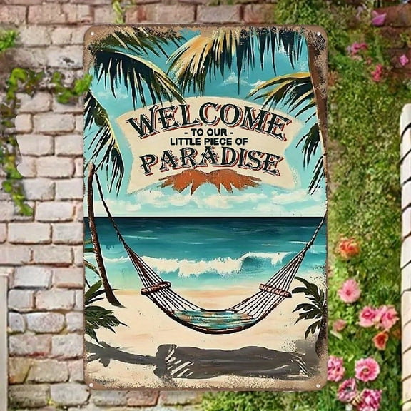 "Welcome To Our Little Piece Of Paradise" Vintage Iron Wall Sign - Tropical Beach Decor With Palm Trees & Hammock Design, Rustic Metal Art For Home, Porch, Bar, Cafe, Indoor & Outdoor Spaces
