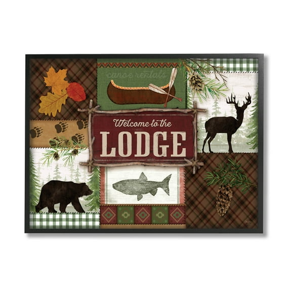 Welcome Lodge Plaid Wildlife Sign Animals & Insects Graphic Art Black Framed Art Print Wall Art