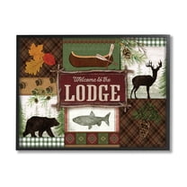 Welcome Lodge Plaid Wildlife Sign Animals & Insects Graphic Art Black Framed Art Print Wall Art