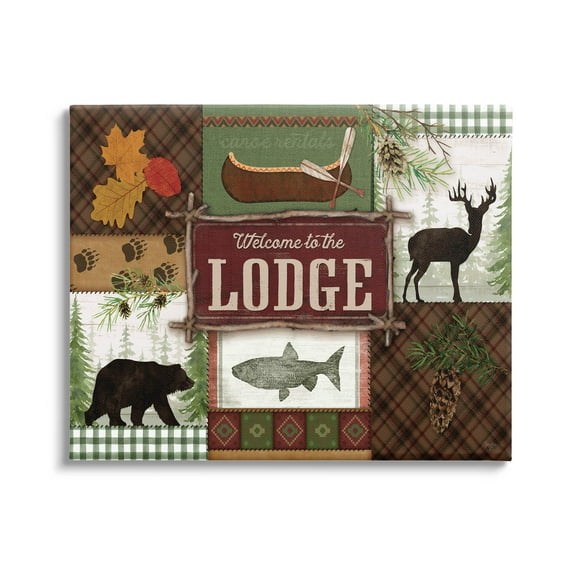 Welcome Lodge Plaid Wildlife Sign Animals & Insects Graphic Art Gallery Wrapped Canvas Print Wall Art