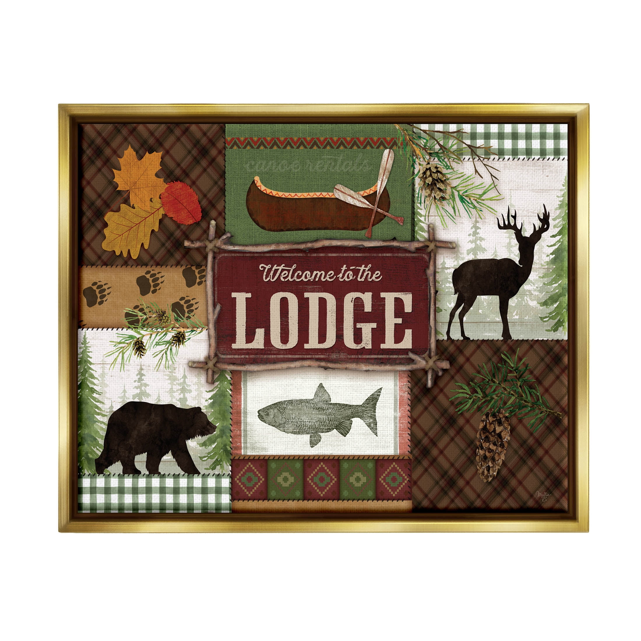 Welcome Lodge Plaid Wildlife Sign Animals & Insects Graphic Art Metallic Gold Framed Art Print Wall Art