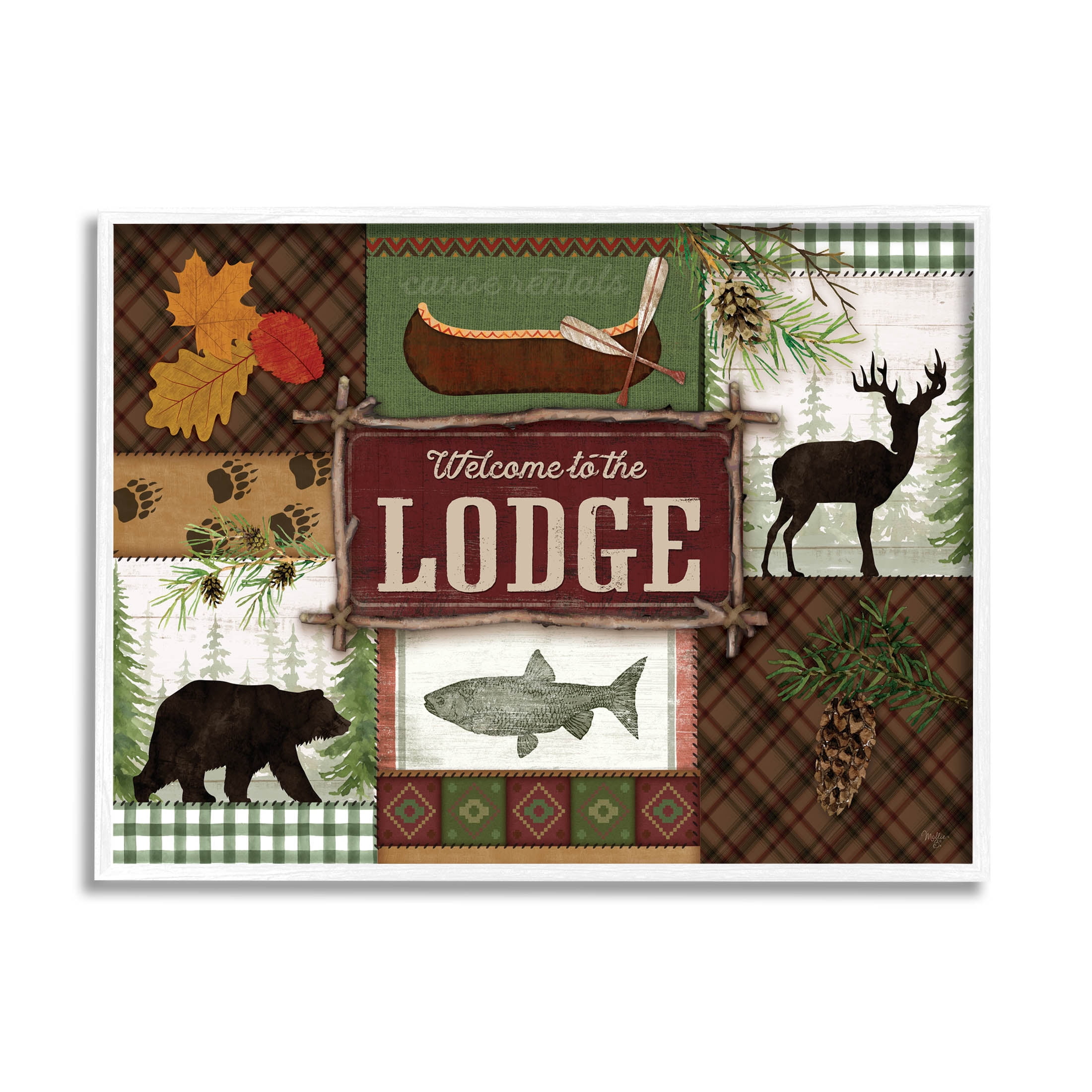 Welcome Lodge Plaid Wildlife Sign Animals & Insects Graphic Art White Framed Art Print Wall Art