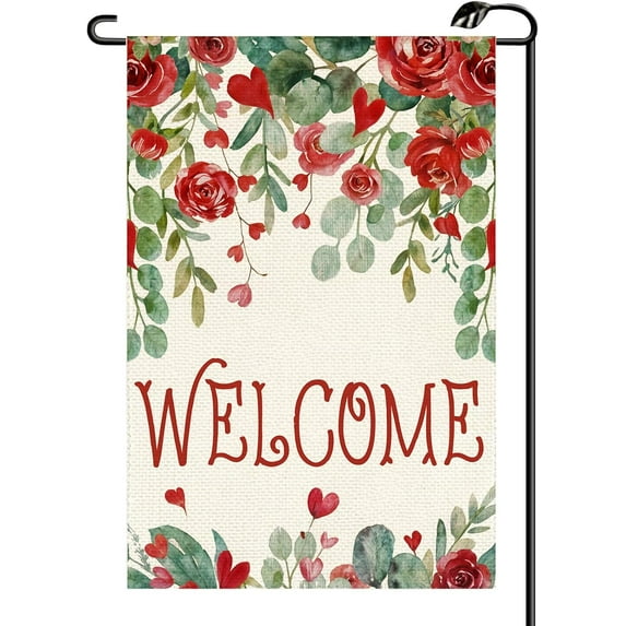 Welcome Love Heart Floral Garden Flag 12x18 Inch Vertical Double Sided Roses Lovers Small Flags Anniversary Wedding Outside Decoration For Yard (ONLY FLAG) QR03