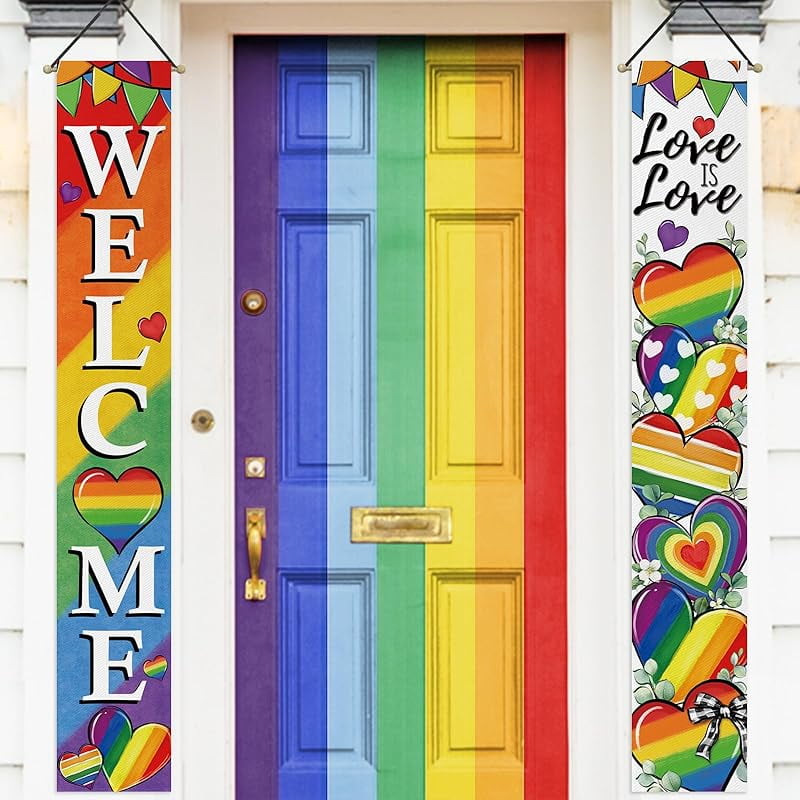 Welcome Love is Love Rainbow Porch Banner Sign, LGBTQ Heart Pride Month ... - Decorative Gay Reunions