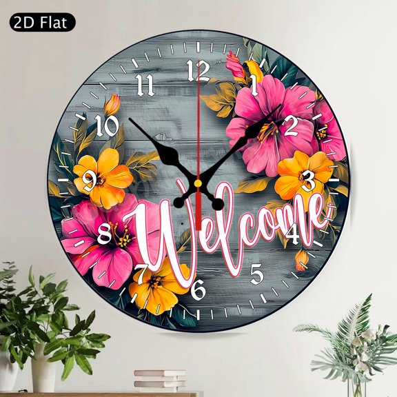 Welcome Love Red Rose Heart Round Wall Clock Silent Non Ticking Home Decor