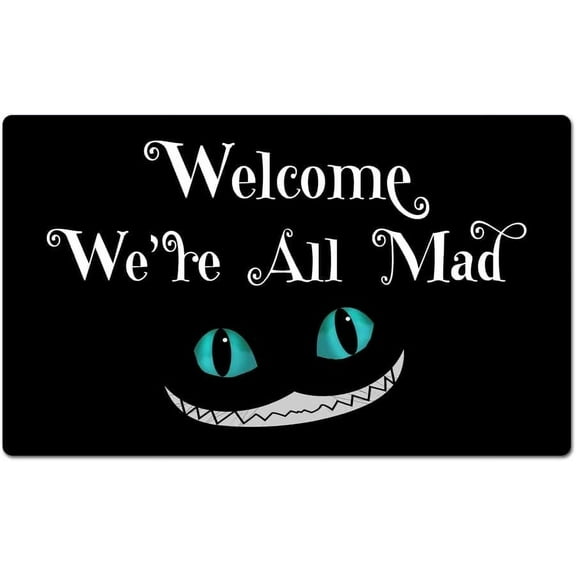 Welcome We're All Mad Here Funny Welcome Halloween Cute Black Cat Decoration Doormat Entrance Way Non-Slip Door Mats Front IndoorOutdoor Living Room Kitchen Bedroom Area Rugs 16x24 Inch