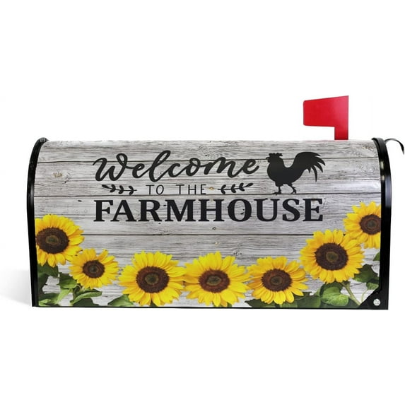 Welcome Mailbox Covers Magnetic Sunflower Wooden Farmhouse Post Box Cover Wrapped Oversize 21x18 in for Garden Yard Decor
