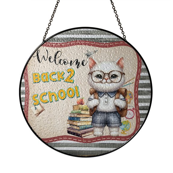 Welcome Manx Back to School Vintage Retro Stained Glass Suncatcher Cat Lover Kitten Owner Gifts Window Hanging Sign Decor - 02012