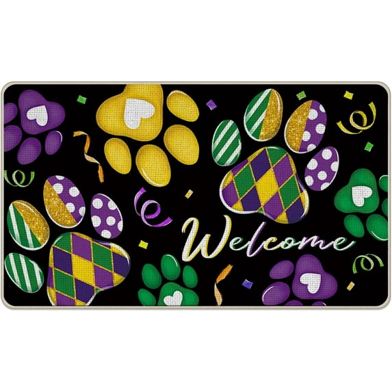 Welcome Mardi Gras Dog Cat Paw Prints Decorative Front Door Mat, New Orleans Carnival Doormat Indoor Outdoor Non-Slip Floor Entryway Rug, Masquerade Party Home Kitchen Decoration 17x30 Inch