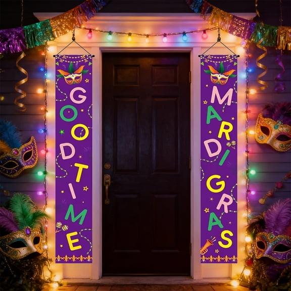 Welcome Mardi Gras Porch Banner Sign, Carnival Front Door Decorative Hanging Banner Flag, Carnival Decoration Home Outdoor Decor (12"x71")