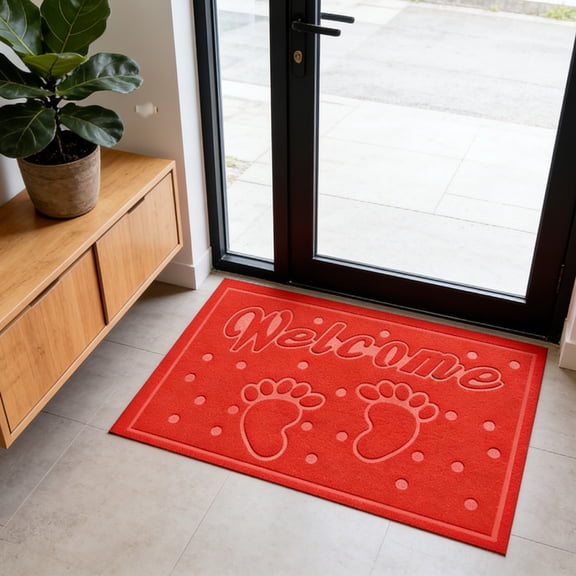 Welcome Mat Embossed 3D Door Floor Rug,High Grade Scratch Resistant Non-Slip Doormat,Easy to Clean Durable Entrance Rug for Home Porch Patio,Stylish Decorative Indoor Outdoor Floor Accent-Red-S