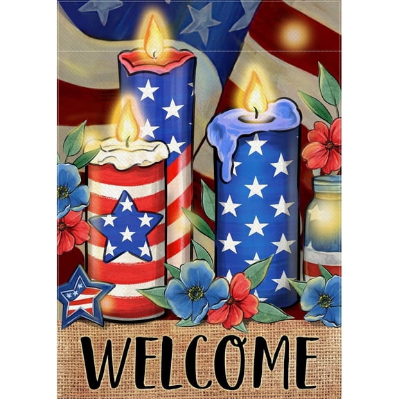Welcome Memorial Day Candle Decorative Garden Flag, 4th of July Patriotic America Flower Yard Outside Decoration, Veterans Day American USA Farmhouse Outdoor Small Home Decor Double Sided 12.5x18