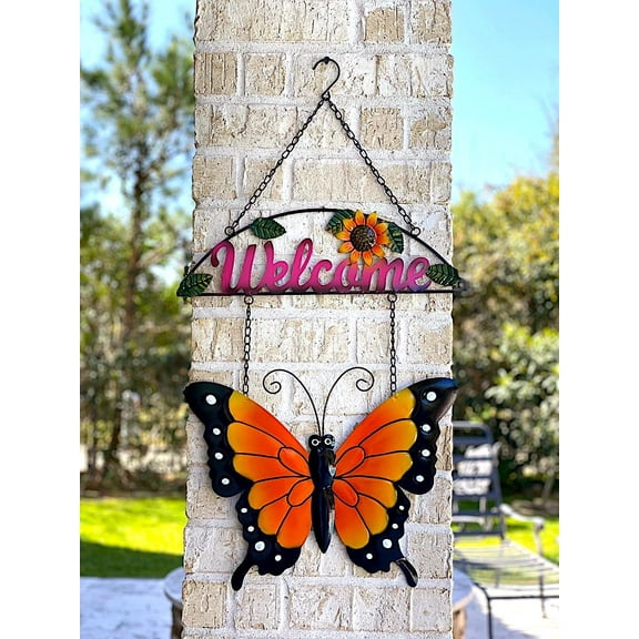 Welcome Metal Butterfly Sign For Home Business Garden Decor Door Wall Fence for Indoor Outdoor 31" x 17.5"
