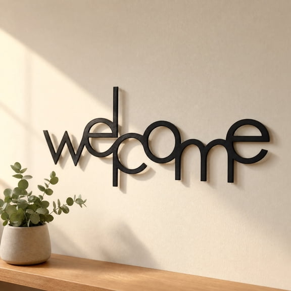 Welcome Metal Wall Decor, 15.8 Inch Iron Script Wall Art Hanging Sign, Modern Bedroom Living Room Decoration