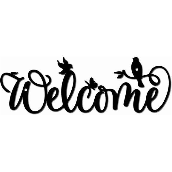 Welcome Metal Wall Decor Black Words Wall Hanging Decor Iron Wall Art Cutout Silhouette Birds on Branches Sculpture Decoration Sign Ornament for Garden Balcony Indoor Outdoor 12x4 Inch