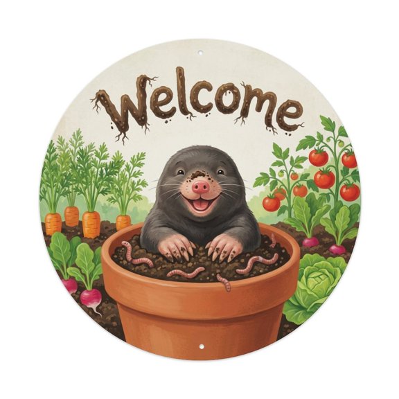 Welcome Mole Garden Earth Vintage Metal Tin Sign Plaque Wall Decor for Cafe, Club, Garden Round Metal Poster 8x8Inch