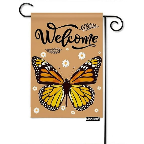Welcome Monarch Butterfly Garden Flag White Daisy Flower Yard Flag Burlap Banners Vertical Double Sided for Farm House Outside