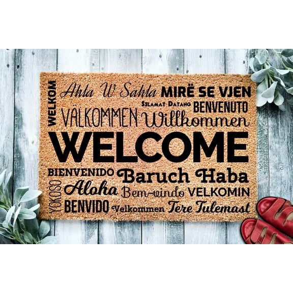 Welcome Multilingual Door Mat | Bienvenido Willkommen Aloha Doormat | Housewarming Gift | Front Door Mat | Closing Gift | Gift From Realtor