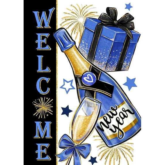 Welcome New Year 2025 Blue Gold Champagne Decorative Garden Flag, Celebration Gift Fireworks Yard Outside Decorations, Christmas Winter Burlap Outdoor Small Home Decor Double Sided 12.5x18