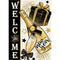 Welcome New Year 2025 Decorative Garden Flag, Celebration Gift Fireworks Black Gold Yard Outside Decorations, Golden Stars Winter Holiday Party Outdoor Small Home Decor Double Sided 12.5x18
