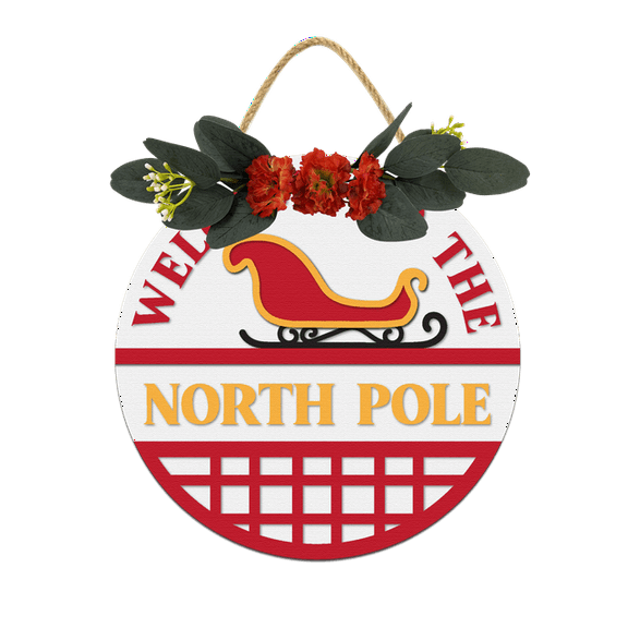 Welcome To The North Pole Door Sign Home Decor Round Wood Wreaths Wall Hanging Sign Farmhouse Porch Sign Front Door Decoration for Housewarming Gift All Seasons Holiday,12In