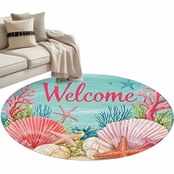 Welcome Ocean Seashell Round Area&nbsp;Rug 3ft Retro Nautical Shell Starfish Coral Seaweed Non-Slip&nbsp;Washable Circle Rugs Soft Felt Indoor Floor Mat for Bedroom Kitchen Living Room Bathroom