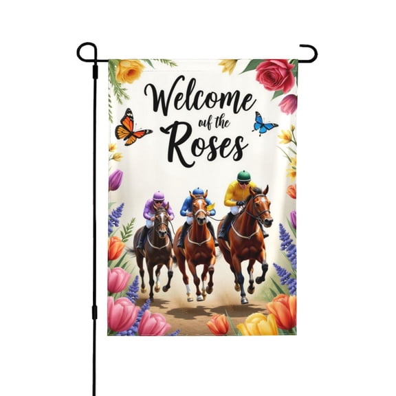 Welcome Of The Roses Garden Flag 12x18 Inch Double Sided Spring Summer Floral Horse Racing Yard Flag Outdoor Decoration