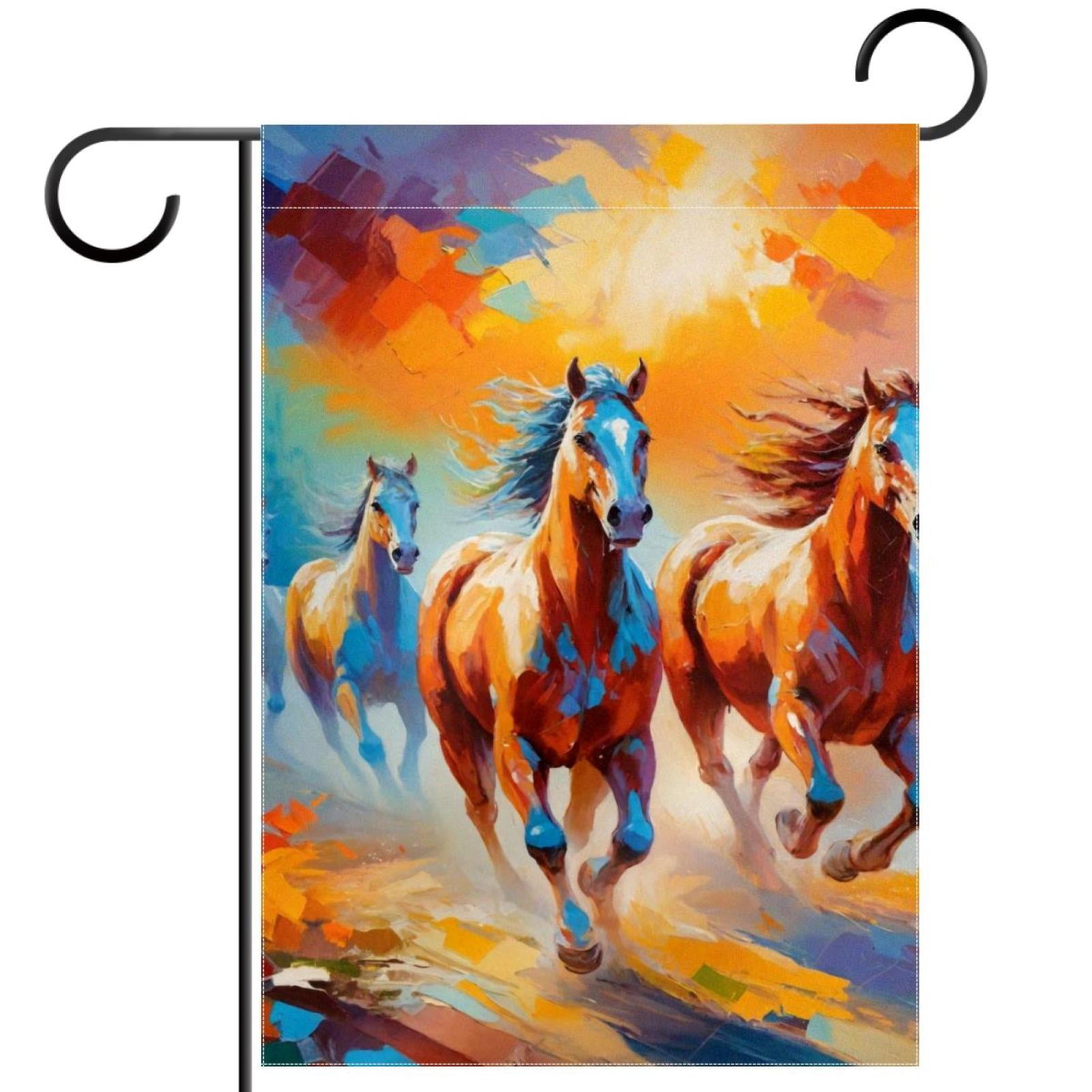 Welcome Oil Painting Running Horses Pattern Garden Flag, Vertical Double Sided Small House Flag, Yard Farmhouse Outdoor Deck Veranda Lawn Decor 28x40 Inch