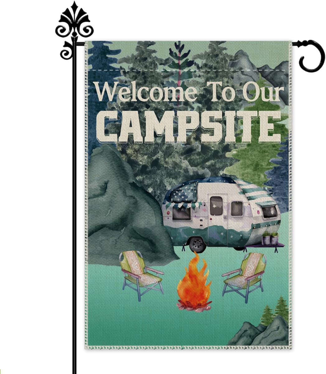 Welcome To Our Fire Pit Banner - Gold Camping Party Decoration For Happy Camper, Birthday & Outdoor Gatherings