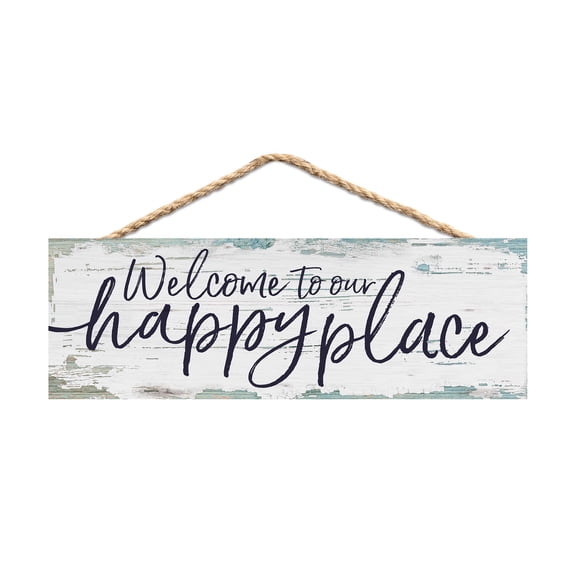 Welcome Our Happy Place Nautical Blue 10 x 4 Pine Wood Hanging Dcor String Sign