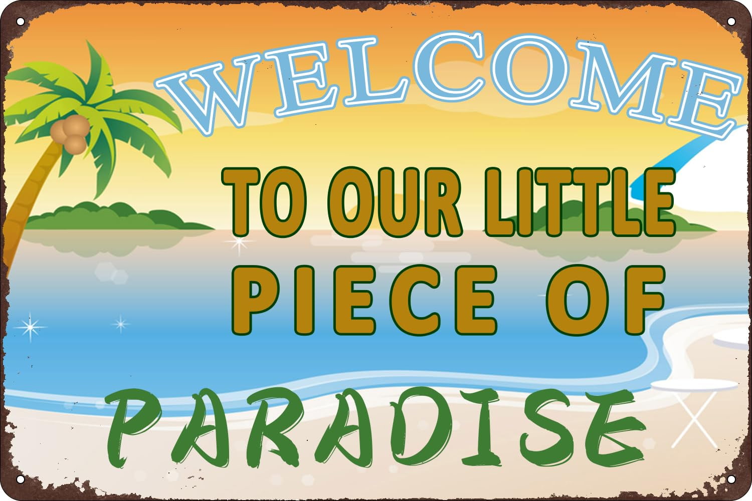 Rustic Aluminum Welcome Sign with Beach Design, 12x8 Inches